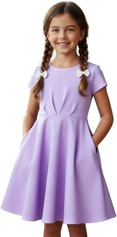 Girls Summer Dress Short Sleeve A-Line Twirl Skater Fit and Flare Dress with Pockets in Saudi Arabia