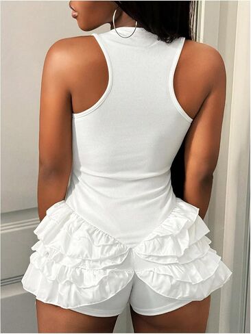 Milumia Women's Layered Ruffle Trim Knit Romper Square Neck Sleeveless Shorts Jumpsuits in Saudi Arabia