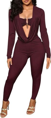 Women’s Cowl Neck Tube Top Bodycon Jumpsuits Long Sleeve Hollow Out One Piece Bodysuit Pants Club Outfits in Saudi Arabia