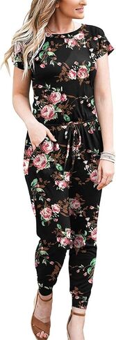 Women Floral Print Jumpsuit Short-Sleeve Drawstring-Waist Jogger Romper Soft Stretch Fabric for Casual Daily Brunch Outfits in Saudi Arabia