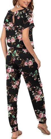 Women Floral Print Jumpsuit Short-Sleeve Drawstring-Waist Jogger Romper Soft Stretch Fabric for Casual Daily Brunch Outfits in Saudi Arabia