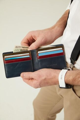 محفظة رجالية، حجب RFID بسيط ورفيع، جلد محبب بالكامل ثنائي الطي يدويًا، 6 فتحات للبطاقات، صندوق هدايا وحقيبة، عيد الميلاد وأعياد الميلاد، أزرق داكن (ألوان إضافية) in Kuwait