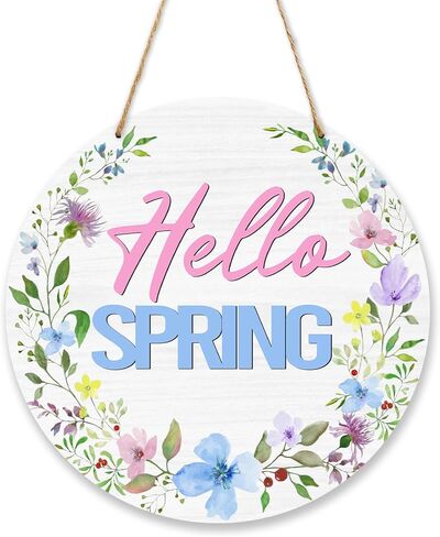 لافتة باب Hello Spring، ديكور معلق خشبي للترحيب بالزهور، ديكورات خارجية للباب الأمامي لشرفة المزرعة الزهرية -013 in Saudi Arabia