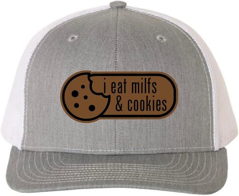 I Eat Milfs and Cookies Hat - Funny Dad Cap, Leather Patch Richardson 112, Adult Humor Cap, Cap Daddy, Heather Grey White in Saudi Arabia