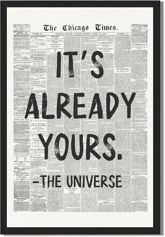 Framed Black And White Retro Newspaper Wall Art ItS Already Yours Universe Quote Poster Trendy Positive Inspirational Wall Decor for Bedroom Office Apartment Dorm Affirmation Canvas Print 8x12inch in Saudi Arabia