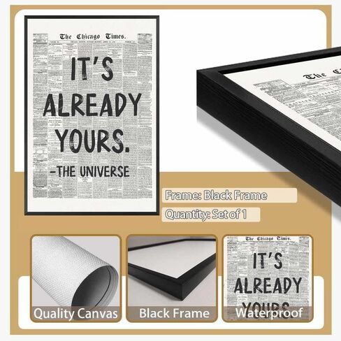 Framed Black And White Retro Newspaper Wall Art ItS Already Yours Universe Quote Poster Trendy Positive Inspirational Wall Decor for Bedroom Office Apartment Dorm Affirmation Canvas Print 8x12inch in Saudi Arabia