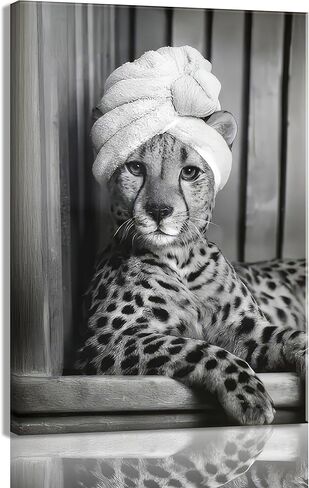 Framed Bathroom Canvas Wall Art Funny Bathroom Wall Decor Black and White Animal Pictures Fashion Cheetah Poster Print for Restroom Ready to Hang 10'' x 8'' in Saudi Arabia