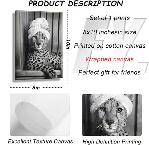 Framed Bathroom Canvas Wall Art Funny Bathroom Wall Decor Black and White Animal Pictures Fashion Cheetah Poster Print for Restroom Ready to Hang 10'' x 8'' in Saudi Arabia