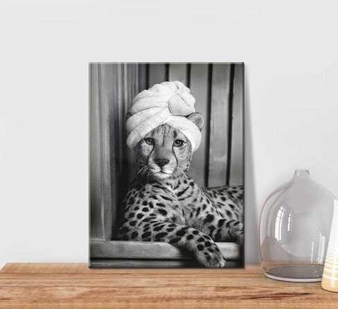 Framed Bathroom Canvas Wall Art Funny Bathroom Wall Decor Black and White Animal Pictures Fashion Cheetah Poster Print for Restroom Ready to Hang 10'' x 8'' in Saudi Arabia