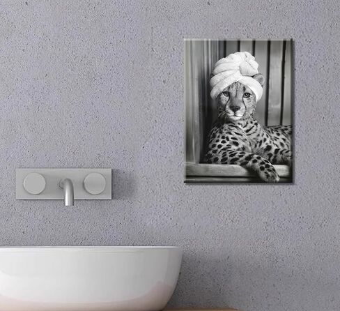 Framed Bathroom Canvas Wall Art Funny Bathroom Wall Decor Black and White Animal Pictures Fashion Cheetah Poster Print for Restroom Ready to Hang 10'' x 8'' in Saudi Arabia