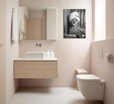 Framed Bathroom Canvas Wall Art Funny Bathroom Wall Decor Black and White Animal Pictures Fashion Cheetah Poster Print for Restroom Ready to Hang 10'' x 8'' in Saudi Arabia