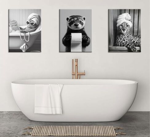 Framed Bathroom Canvas Wall Art Funny Bathroom Wall Decor Black and White Animal Pictures Fashion Cheetah Poster Print for Restroom Ready to Hang 10'' x 8'' in Saudi Arabia