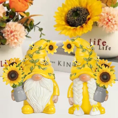 2PCS Yellow Sunflower Bee Gnome Figurines, Resin Statues Decor Indoor Home Office Kitchen Decoration, Gift for Women Best Friend Birthday Housewarming Get Well Soon in Saudi Arabia
