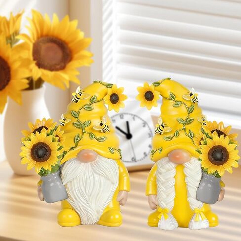 2PCS Yellow Sunflower Bee Gnome Figurines, Resin Statues Decor Indoor Home Office Kitchen Decoration, Gift for Women Best Friend Birthday Housewarming Get Well Soon in Saudi Arabia