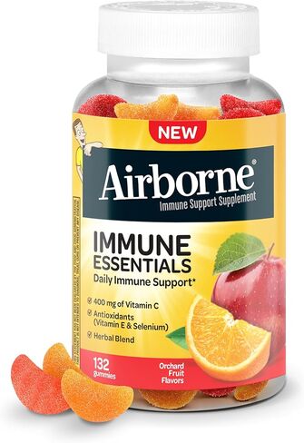 Airborne 400mg Vitamin C Gummies for Adults & Children, Immune Essentials Daily Immune Support Supplement with Powerful Antioxidants Vitamins C & E Plus Selenium - 132 Gummies, Orchard Fruit Flavor in Saudi Arabia