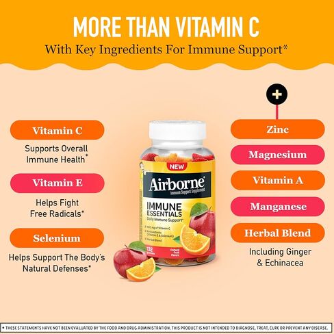 Airborne 400mg Vitamin C Gummies for Adults & Children, Immune Essentials Daily Immune Support Supplement with Powerful Antioxidants Vitamins C & E Plus Selenium - 132 Gummies, Orchard Fruit Flavor in Saudi Arabia
