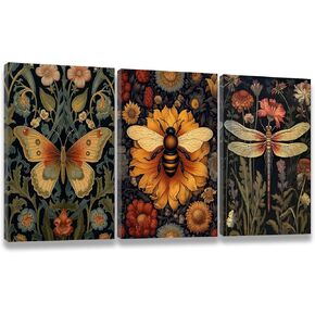 3 PCS William Morris Canvas Wall Art for Home Decor Bee Dragonfly Butterfly Painting Poster William Morris Botanical Insects Pictures Prints Wall Decor for Living Room Bedroom Home Decorations 12×16 in(Stretched Canvas on A Wooden Frame) in Kuwait