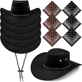 6 Pack Cowboy Hats with Bandana, Black, Cowgirl Hat with Adjustable Drawstring, Western Costume for Party and Stage in Kuwait