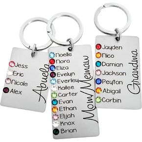 سلسلة مفاتيح مخصصة لحجر الميلاد - هدية من الفولاذ المقاوم للصدأ محفورة خصيصًا للأم والجدة ونانا - ما يصل إلى 12 اسمًا للأطفال مع بلورات جوهرة الميلاد - تذكار عائلي من الأحفاد in Kuwait
