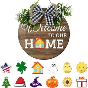 Interchangeable Seasonal Welcome Sign Front Door Decoration, Rustic Round Wood Wreaths Wall Hanging Outdoor Decor for Spring Summer Autumn and Winter All Seasons Holiday Halloween Christmas in Saudi Arabia