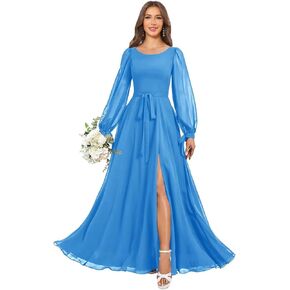 Long Sleeve Bridesmaid Dresses for Women Chiffon Scoop Neck Floor Length Side Slit Evening Formal Gown in Saudi Arabia