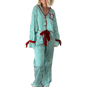 ROAONOCOMO Women Christmas Pajama Set Bow Tie Long Sleeve Shirt Pants Striped 2 Piece Lounge Outfit Xmas Sleepwear in Saudi Arabia