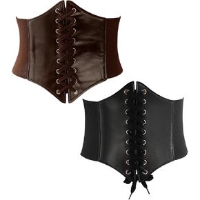 طقم مكون من قطعتين حزام مشد أسود، حزام مشد جلدي، حزام خصر قابل للتعديل، تصميم جلد صناعي، أسود، بني in Kuwait