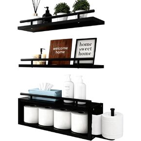 OurWarm Wood Floating Shelves for Wall Set of 3, Black Bathroom Shelves Over Toilet Organizer with Paper Towel Holder, Black Wall Shelves for Bedroom Kitchen Living Room Decor in Kuwait