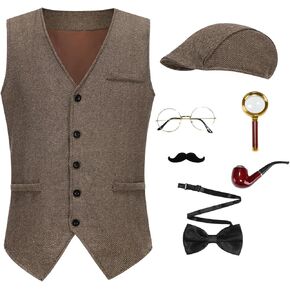 Adults Detective Costume Accessories Set 7 Pcs, Private Investigator Halloween Outfit 1920s Vest Hat for Men Women in Kuwait