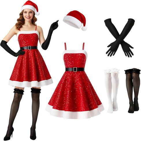 Mepase 5 Pcs Mrs. Santa Claus Christmas Glitter Costume Women Velvet Dress Hat Gloves Stockings Outfit for Cosplay Xmas Party in Saudi Arabia