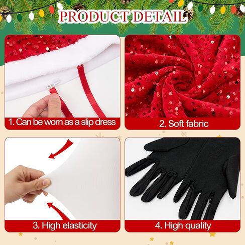 Mepase 5 Pcs Mrs. Santa Claus Christmas Glitter Costume Women Velvet Dress Hat Gloves Stockings Outfit for Cosplay Xmas Party in Saudi Arabia
