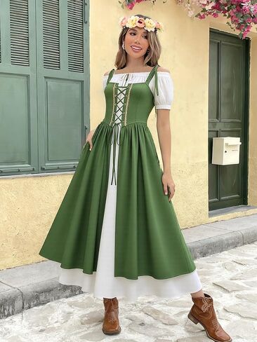Women Renaissance Dress Medieval Costume Corset Puff Sleeve Fairy Dress with Flower Crown in Saudi Arabia
