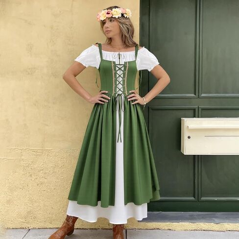 Women Renaissance Dress Medieval Costume Corset Puff Sleeve Fairy Dress with Flower Crown in Saudi Arabia
