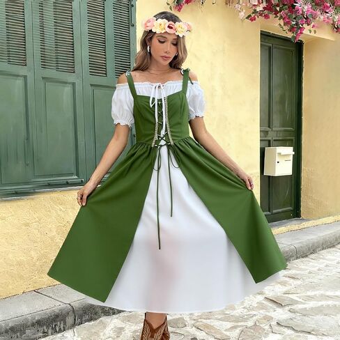 Women Renaissance Dress Medieval Costume Corset Puff Sleeve Fairy Dress with Flower Crown in Saudi Arabia