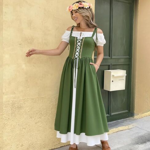 Women Renaissance Dress Medieval Costume Corset Puff Sleeve Fairy Dress with Flower Crown in Saudi Arabia