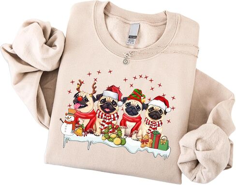 Christmas Pug Sweatshirt, Holiday Graphic Design, Long Sleeve Pullover, Unisex, Available in Black, Military Green, and Sand in Kuwait