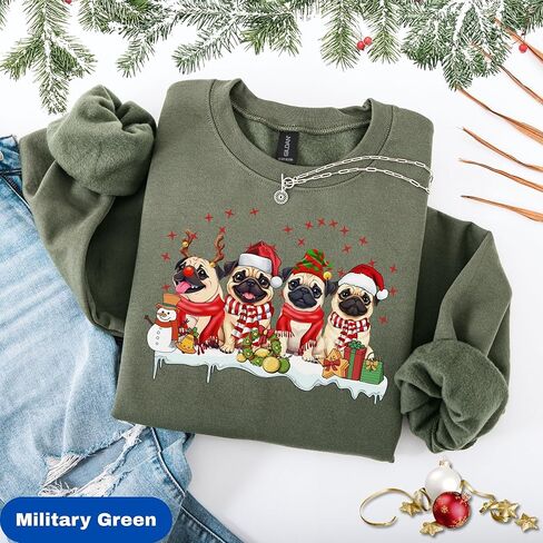 Christmas Pug Sweatshirt, Holiday Graphic Design, Long Sleeve Pullover, Unisex, Available in Black, Military Green, and Sand in Kuwait