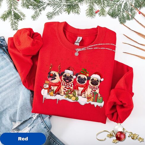 Christmas Pug Sweatshirt, Holiday Graphic Design, Long Sleeve Pullover, Unisex, Available in Black, Military Green, and Sand in Kuwait