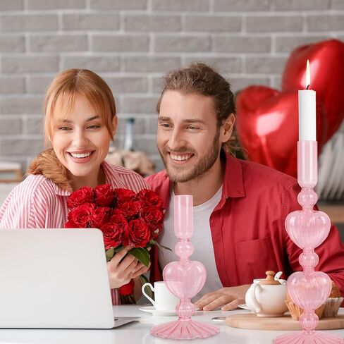 JarThenaAMCS 2 قطعة حامل شموع مستدقة لعيد الحب حامل شمعدان زجاجي حامل شمعة على شكل قلب وردي مزهرية لحفلات الزفاف والذكرى السنوية وديكور الطاولة المركزية in Saudi Arabia