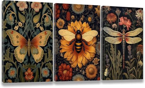 3 PCS William Morris Canvas Wall Art for Home Decor Bee Dragonfly Butterfly Painting Poster William Morris Botanical Insects Pictures Prints Wall Decor for Living Room Bedroom Home Decorations 12×16 in(Stretched Canvas on A Wooden Frame) in Kuwait