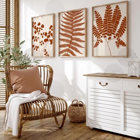 Fern Set of 3 Orange Terracotta Beige Botanical Poster Prints Leaves Abstract Canvas Painting Artwork for Farmhouse Bedroom Home Decoration with Inner Frame in Saudi Arabia