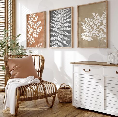 Fern Set of 3 Orange Terracotta Beige Botanical Poster Prints Leaves Abstract Canvas Painting Artwork for Farmhouse Bedroom Home Decoration with Inner Frame in Saudi Arabia