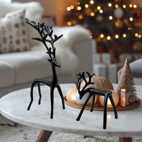 Set of 2 Black Reindeer Christmas Decor, Christmas Decorations, Metal Reindeer Statues, Black Metal C-hristmas R-eindeer Figurine, Ideal for Mantel Living Room Bedroom Office in Saudi Arabia