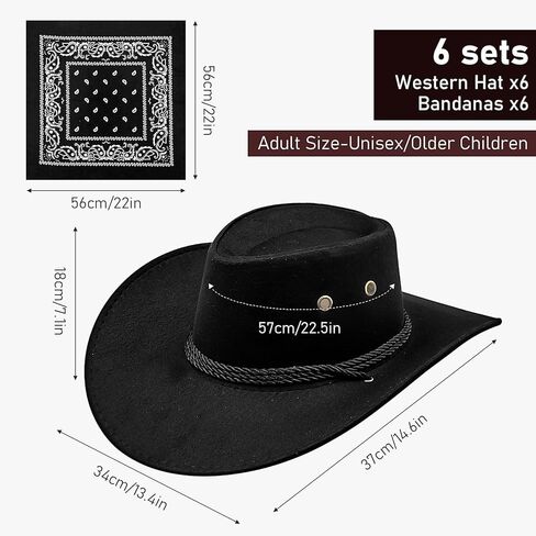6 Pack Cowboy Hats with Bandana, Black, Cowgirl Hat with Adjustable Drawstring, Western Costume for Party and Stage in Kuwait