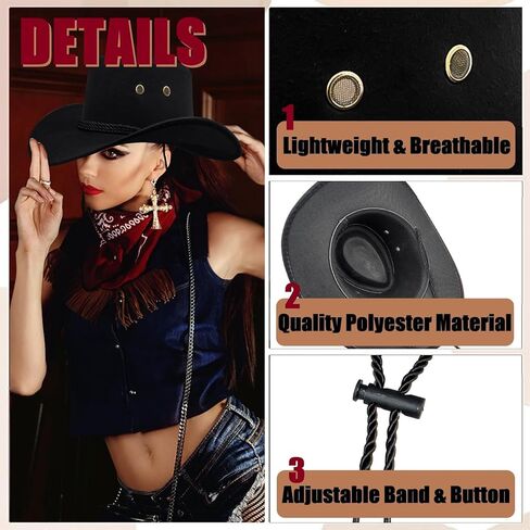 6 Pack Cowboy Hats with Bandana, Black, Cowgirl Hat with Adjustable Drawstring, Western Costume for Party and Stage in Kuwait