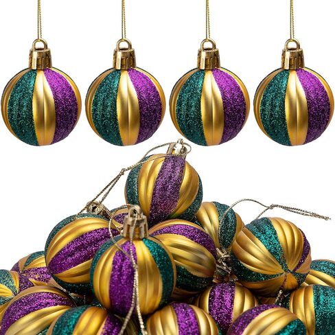 Watayo 12 PCS Mardi Gras Ball Ornaments - 2 Inch Shatterproof Hanging Ornaments for Mardi Gras Holiday & Christmas Parties - New Orleans Style (Vertical Striped) in Saudi Arabia
