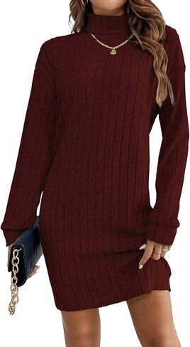 HBQ Women's Pullover Sweater Dress Casual Turtleneck Ribbed Long Lantern Sleeve Mini Knit Dresses 2025 Fashion in Saudi Arabia