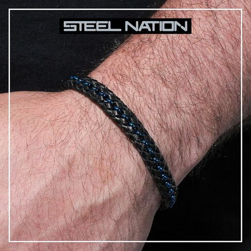Men's 8.5" Simulated Leather Bracelet - Stainless Steel with Blue Accents, Secure Clasp in Saudi Arabia