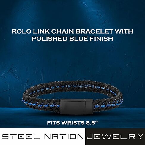 Men's 8.5" Simulated Leather Bracelet - Stainless Steel with Blue Accents, Secure Clasp in Saudi Arabia