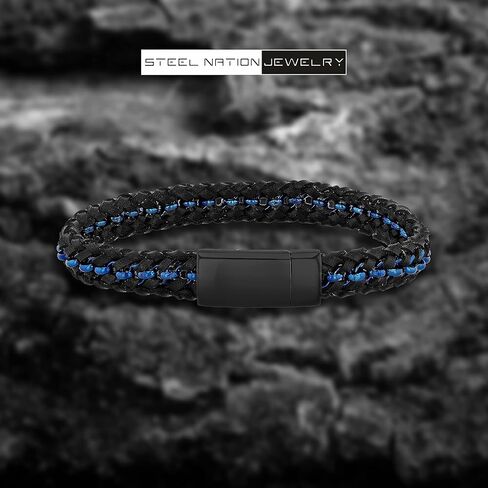 Men's 8.5" Simulated Leather Bracelet - Stainless Steel with Blue Accents, Secure Clasp in Saudi Arabia